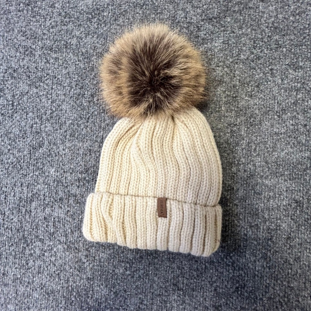 FURTALK Beanie Womens OS Cream Ribbed Knit Faux Fur Pom Pom Lined Winter Hat